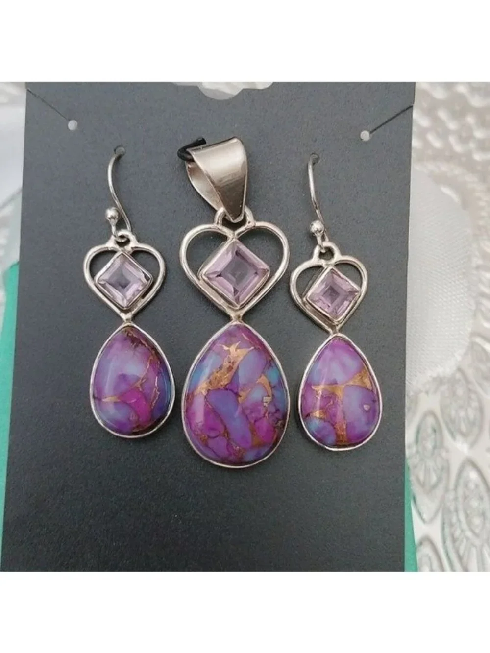 Sterling Silver, Purple Turquoise Amethyst Heart and Oval Pendant Earrings Set